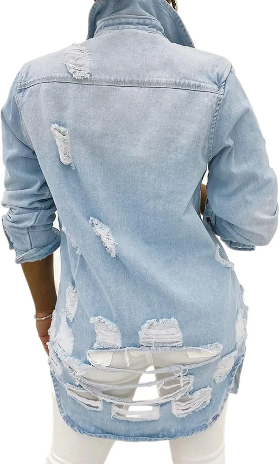 sexycherry Denim Jacket for Women Long Sleeve Classic Trucker Jeans Long Coat Outwear with Pockets