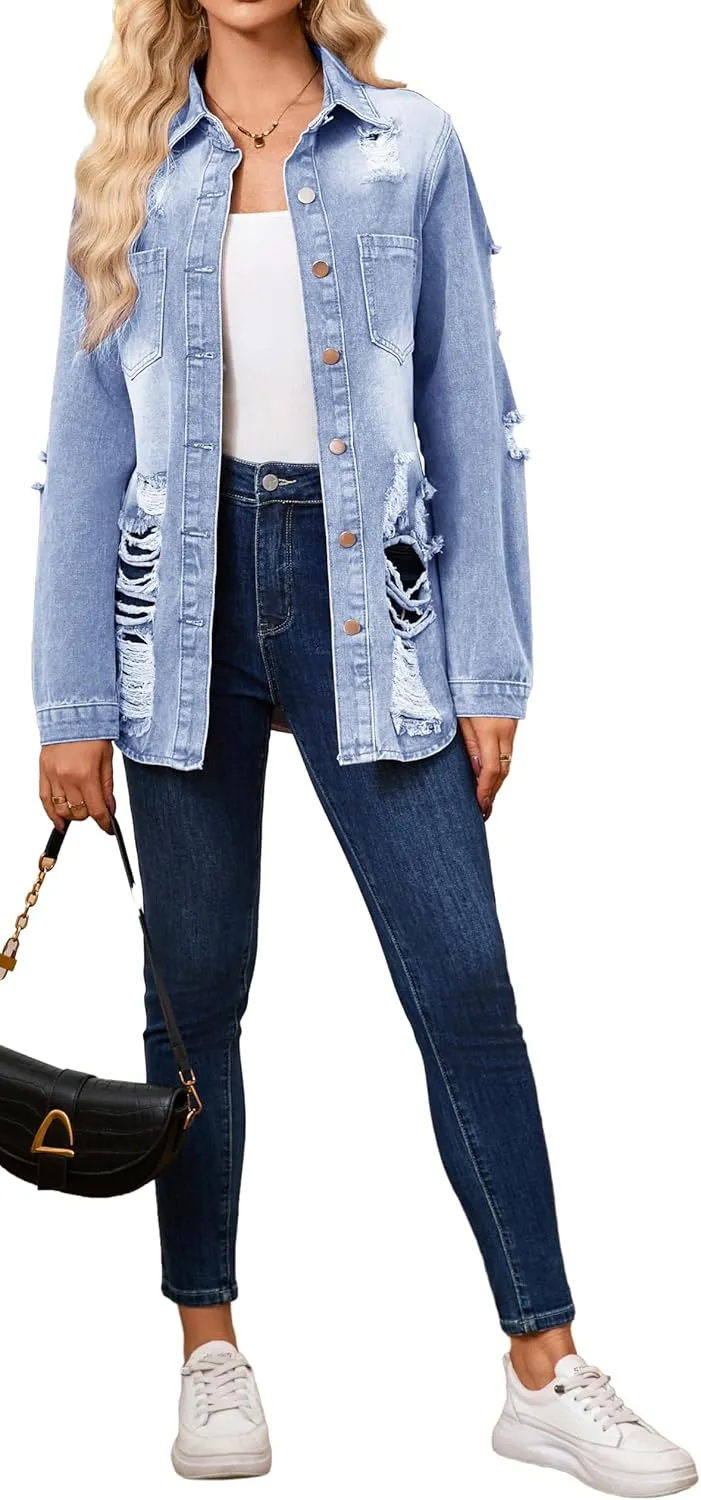 sexycherry Denim Jacket for Women Long Sleeve Classic Trucker Jeans Long Coat Outwear with Pockets