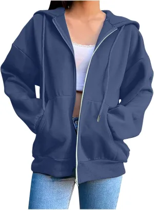 SHAOBGE Womens Zip Up Hoodies Long Sleeve Fall Oversized Sweatshirts Fleece Y2K Jacket with Pockets 2024 Fashion Clothes