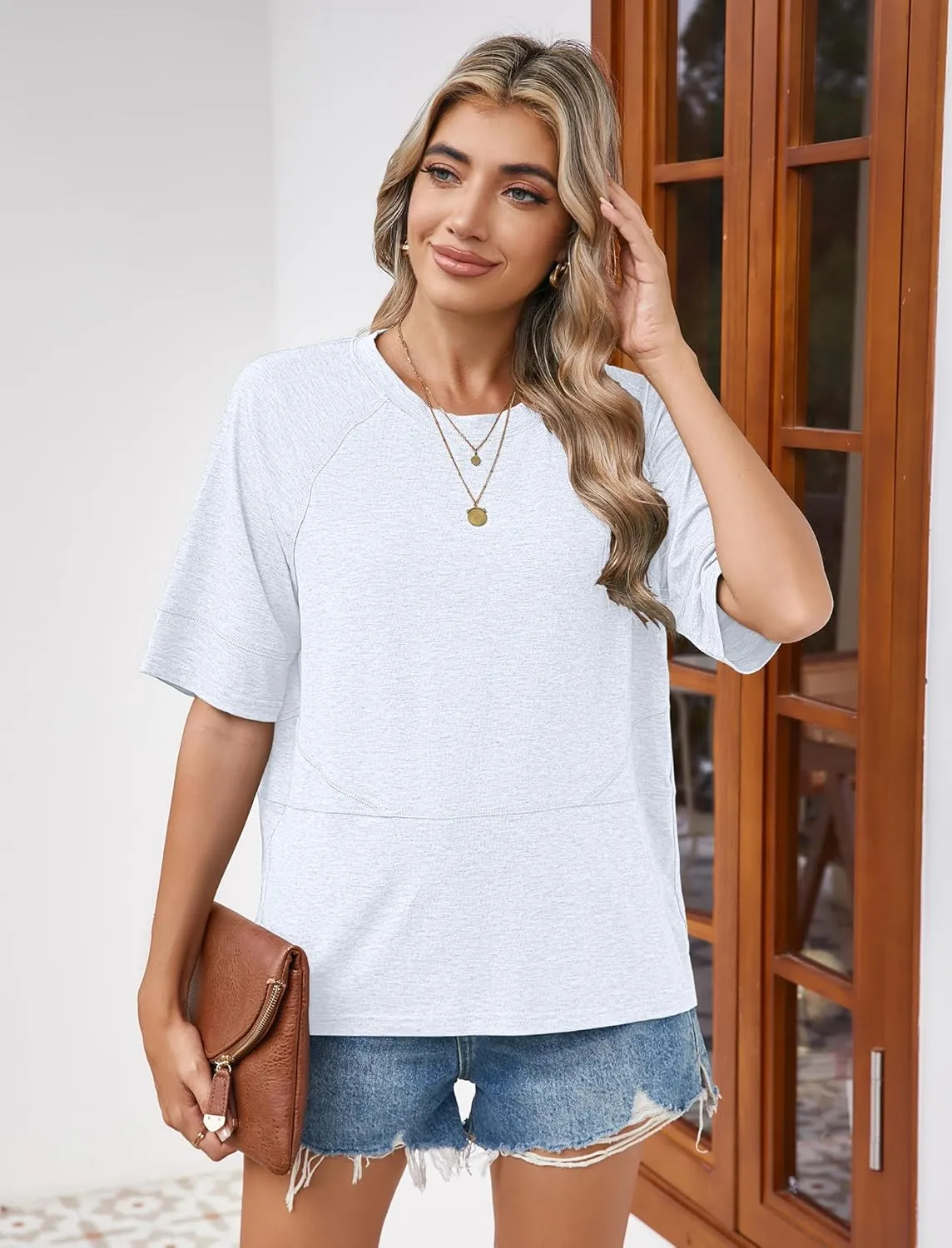 Sherosa Womens Casual Crewneck Half Sleeve T-Shirts Solid Color Loose Fit Summer Basic Tops Tees Blouses