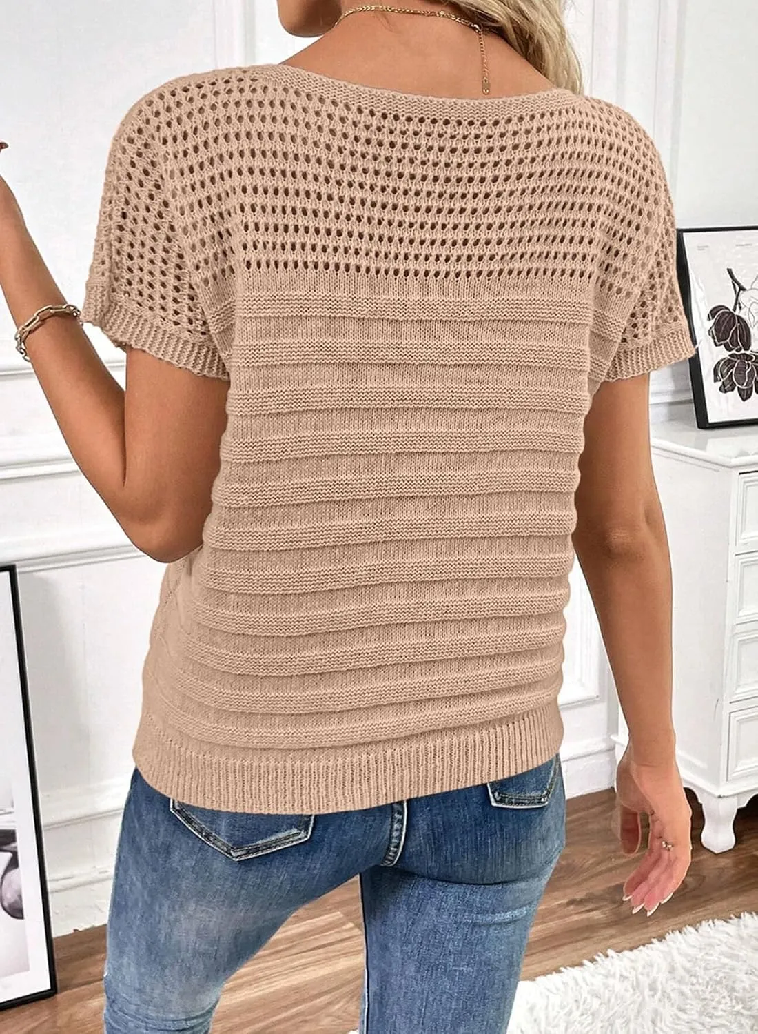 SHEWIN Womens Sweaters Crew Neck Short Sleeve Shirts Summer Tops Knit Hollow Out T Shirts Sweater Blouses