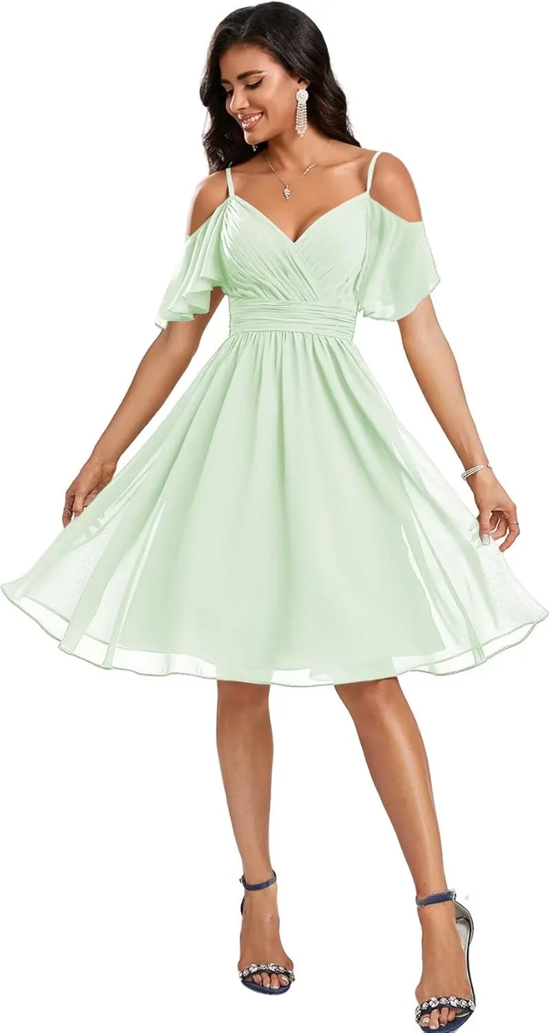 Short Bridesmaid Dresses for Women Spaghetti Straps Evening Dress Chiffon Formal Gown