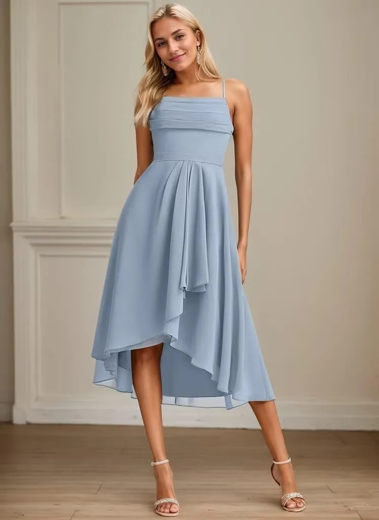 Short Bridesmaid Dresses for Women Spaghetti Straps Prom Dress Ruched Chiffon Evening Gown