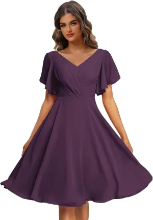 Short Bridesmaid Dresses for Women V Neck Formal Dress with Sleeves Chiffon Evening Gown