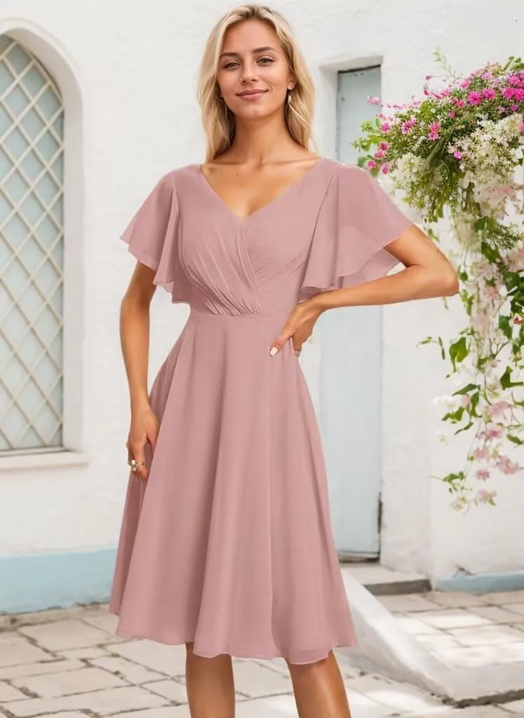 Short Bridesmaid Dresses for Women V Neck Formal Dress with Sleeves Chiffon Evening Gown