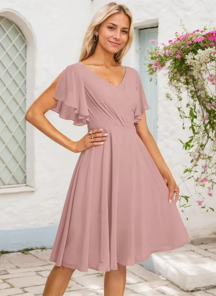 Short Bridesmaid Dresses for Women V Neck Formal Dress with Sleeves Chiffon Evening Gown