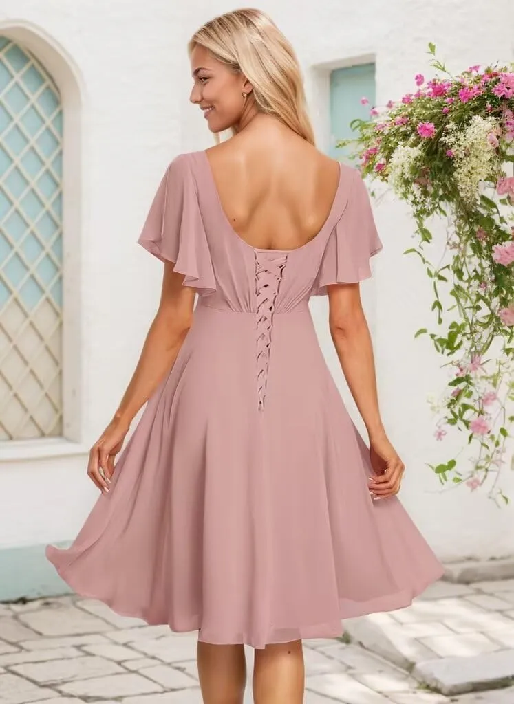 Short Bridesmaid Dresses for Women V Neck Formal Dress with Sleeves Chiffon Evening Gown