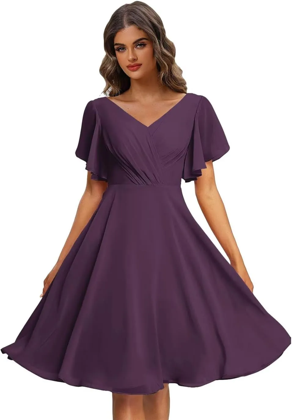 Short Bridesmaid Dresses for Women V Neck Formal Dress with Sleeves Chiffon Evening Gown