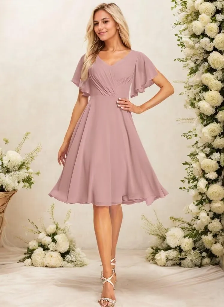 Short Bridesmaid Dresses for Women V Neck Formal Dress with Sleeves Chiffon Evening Gown