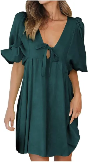 Short Dresses for Women 2024 Lounge Summer Puff Sleeve Knee Length Dresses v Neck Loose Fit Tie Mini Dresses