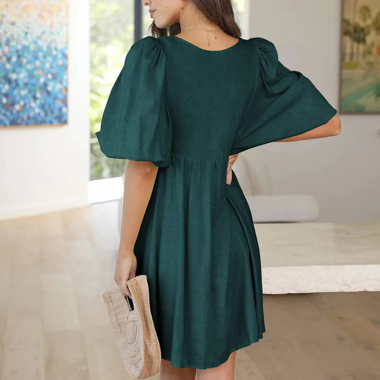 Short Dresses for Women 2024 Lounge Summer Puff Sleeve Knee Length Dresses v Neck Loose Fit Tie Mini Dresses
