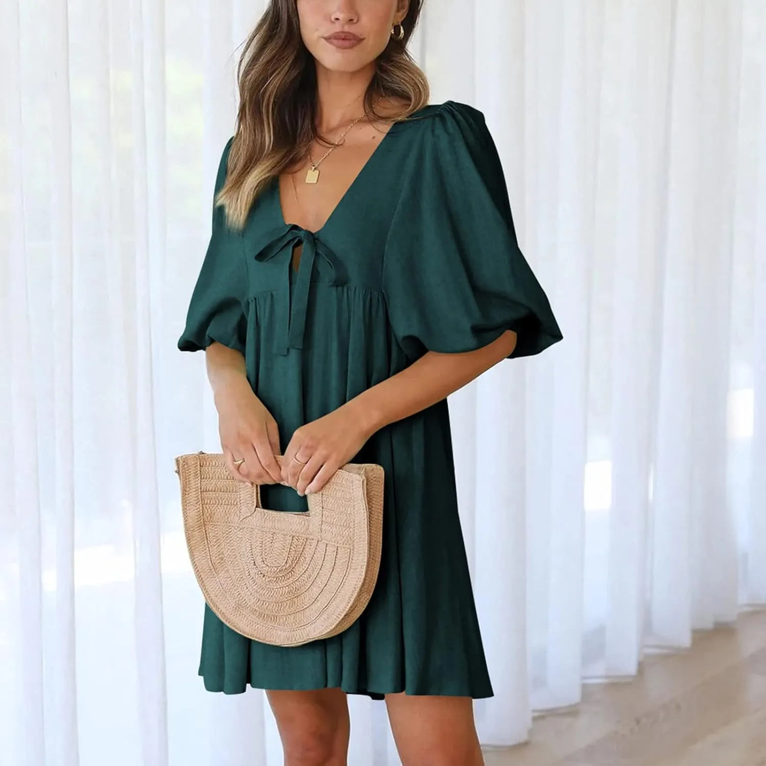 Short Dresses for Women 2024 Lounge Summer Puff Sleeve Knee Length Dresses v Neck Loose Fit Tie Mini Dresses