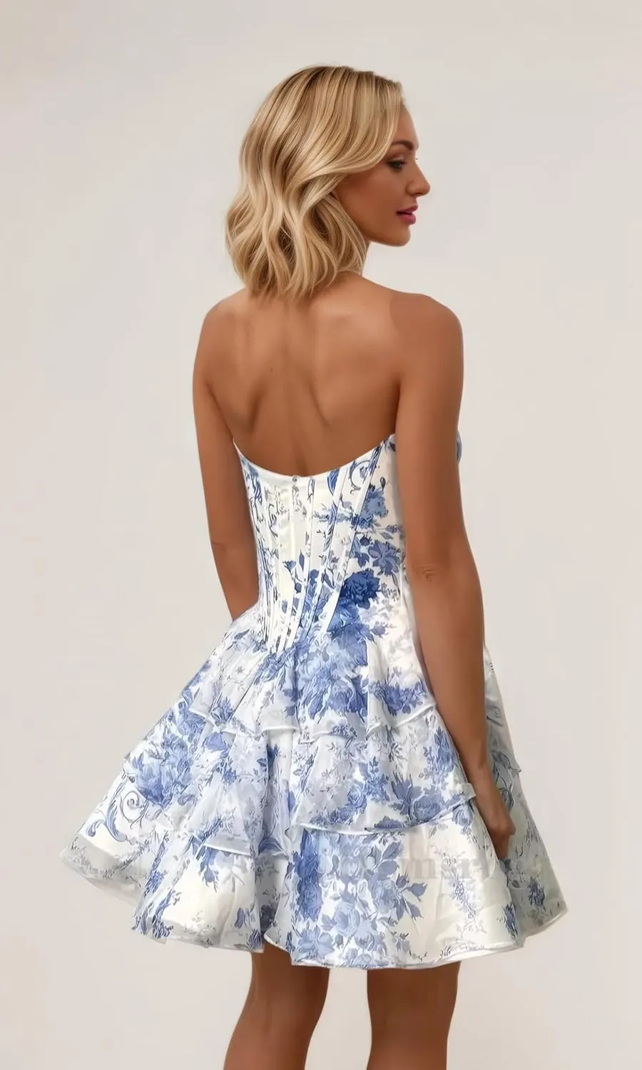 Short Homecoming Dresses for Teens Chiffon Floral Cocktail Party Dress Strapless Tiered Ruffle Prom Dresses for Women