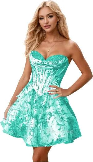 Short Homecoming Dresses for Teens Chiffon Floral Cocktail Party Dress Strapless Tiered Ruffle Prom Dresses for Women
