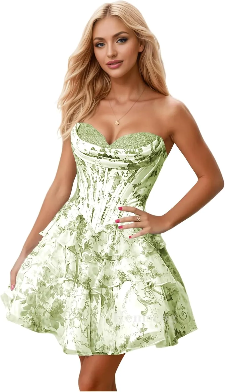 Short Homecoming Dresses for Teens Chiffon Floral Cocktail Party Dress Strapless Tiered Ruffle Prom Dresses for Women