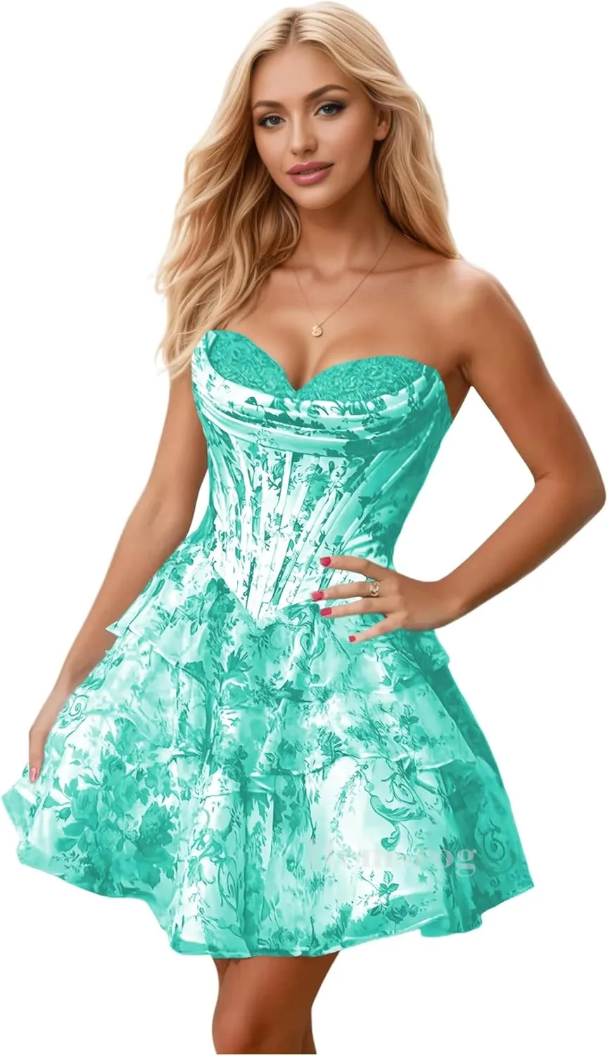 Short Homecoming Dresses for Teens Chiffon Floral Cocktail Party Dress Strapless Tiered Ruffle Prom Dresses for Women