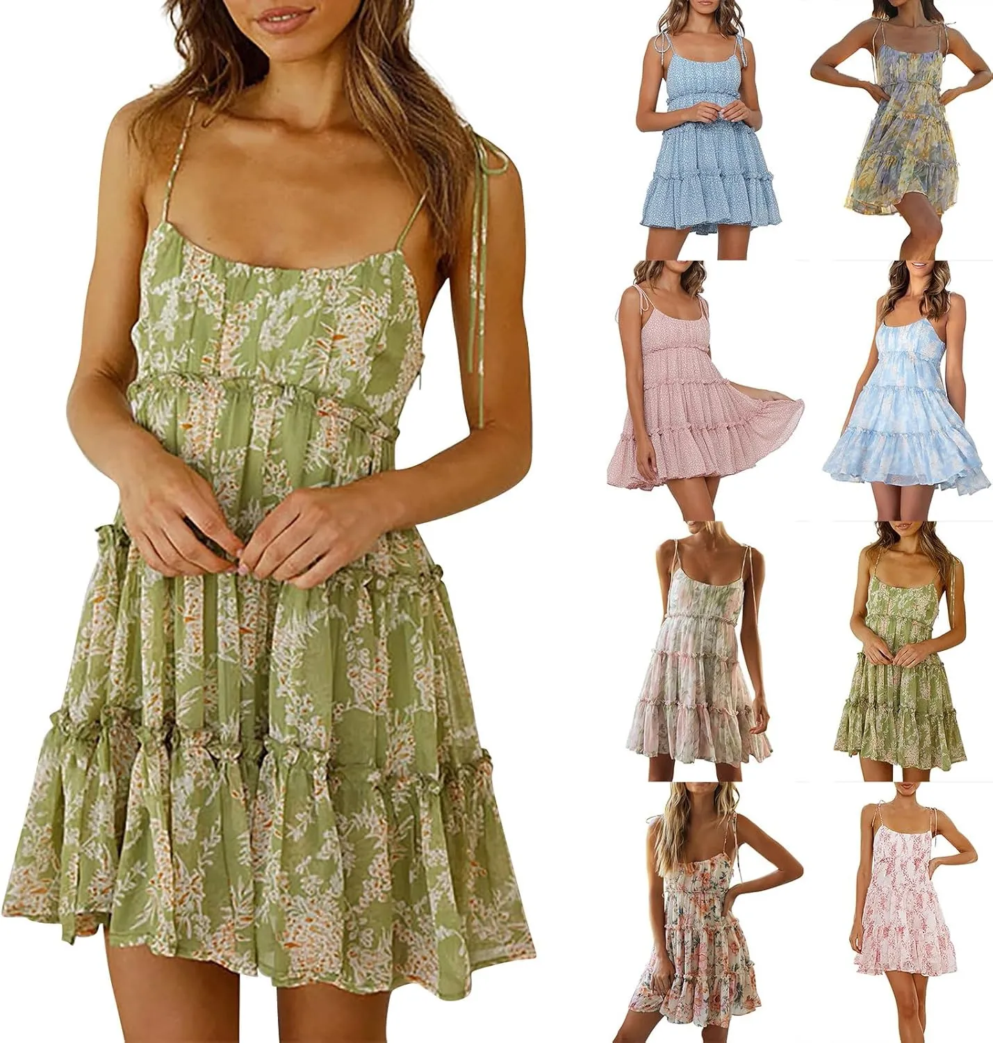 Short Sundresses for Women 2025 Backless Spaghetti Strap Ditsy Floral Dress Summer Tropical Beach Tiered Mini Dress
