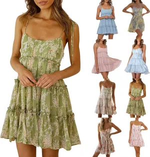 Short Sundresses for Women 2025 Backless Spaghetti Strap Ditsy Floral Dress Summer Tropical Beach Tiered Mini Dress