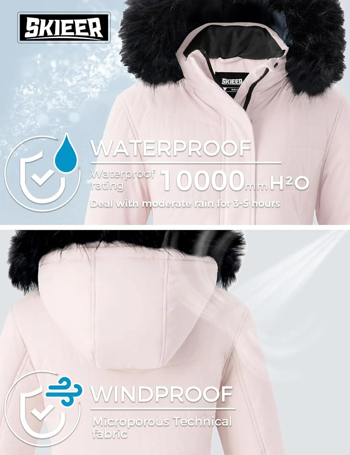 Skieer Women's Waterproof Ski Jacket Windproof Warm Winter Coat Thick Padded Snow Parka