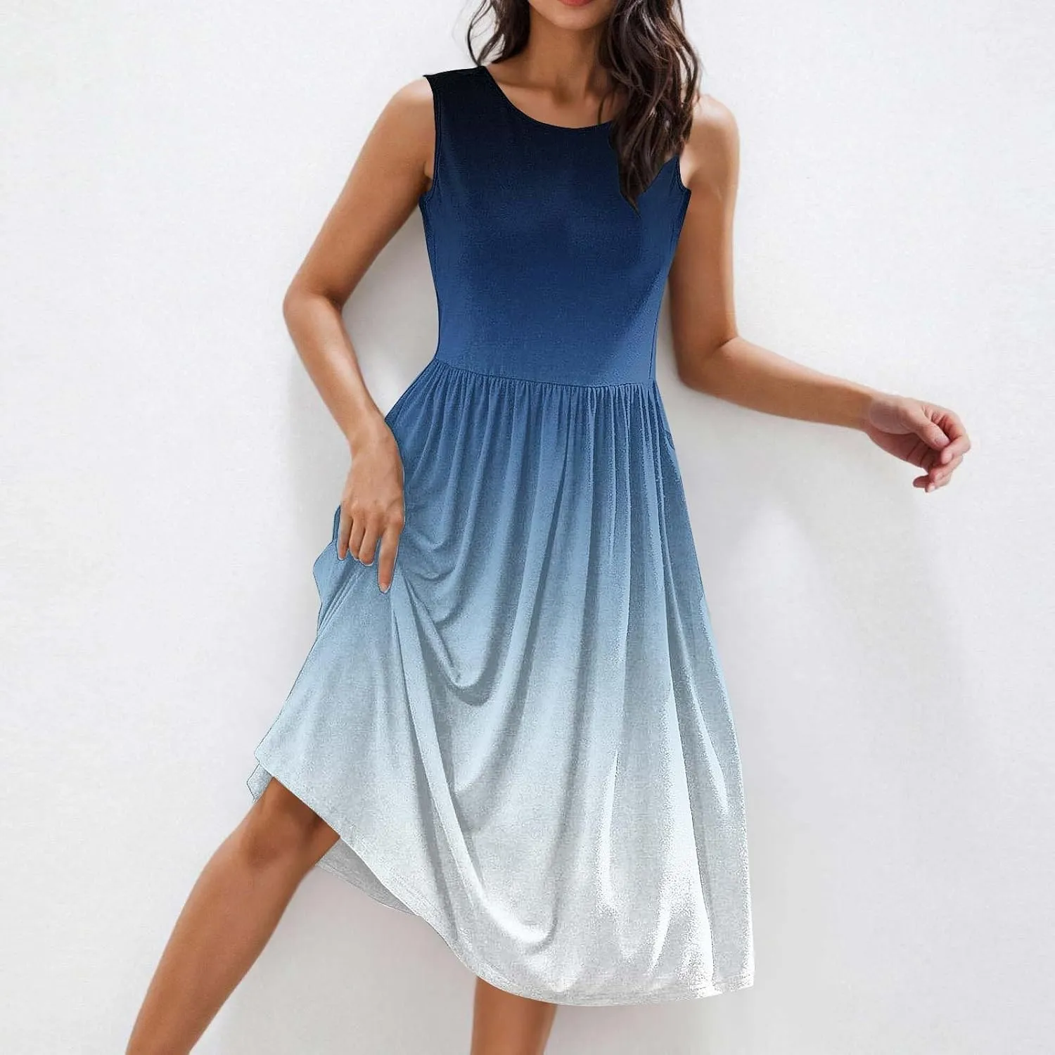 Sleeveless A-Line Beach Dress for Women Crewneck Midi Dresses Summer Casual Loose Flowy Tshirt Dress with Pockets