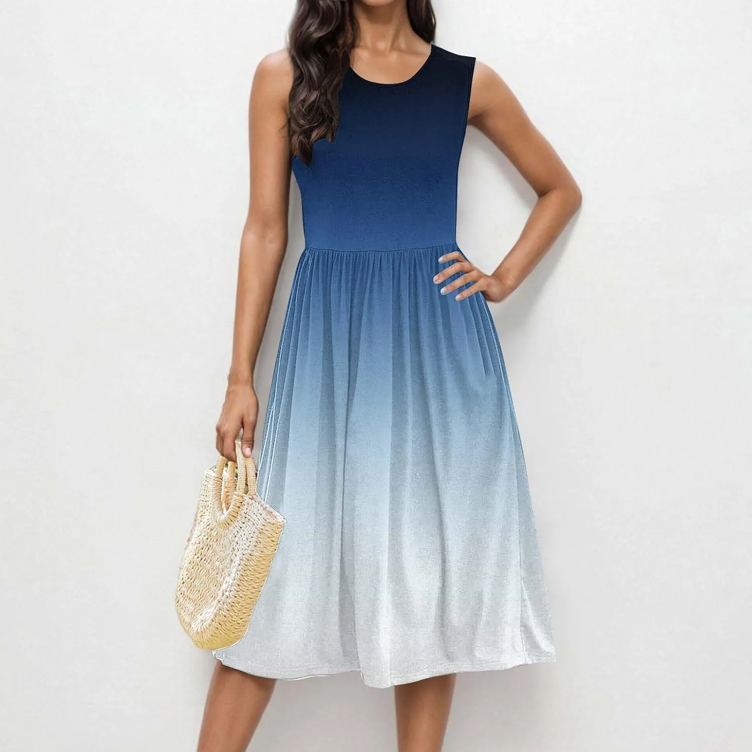 Sleeveless A-Line Beach Dress for Women Crewneck Midi Dresses Summer Casual Loose Flowy Tshirt Dress with Pockets