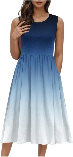 Sleeveless A-Line Beach Dress for Women Crewneck Midi Dresses Summer Casual Loose Flowy Tshirt Dress with Pockets