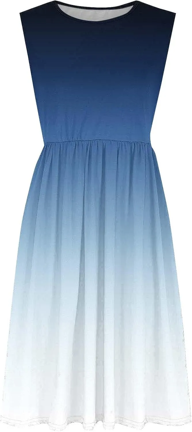 Sleeveless A-Line Beach Dress for Women Crewneck Midi Dresses Summer Casual Loose Flowy Tshirt Dress with Pockets
