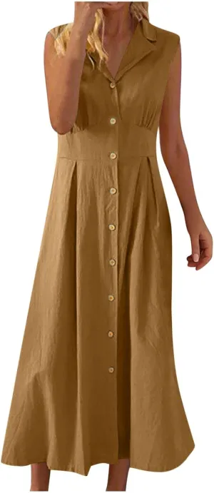 Sleeveless Dresses for Women Full Button Down Collared Cotton Linen Long Dresses Flowy Pleated Business Work Dress