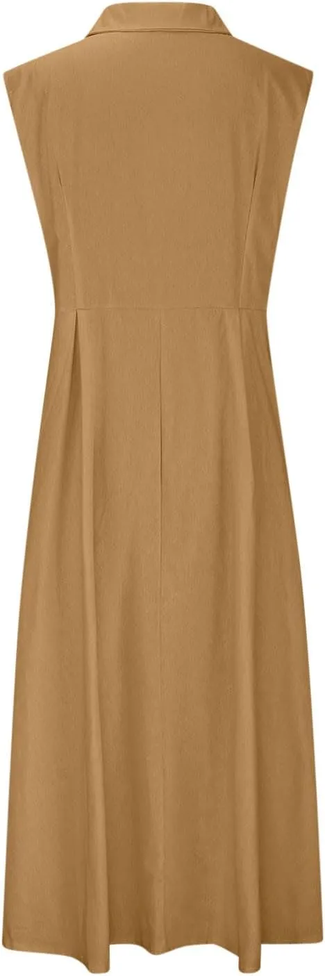 Sleeveless Dresses for Women Full Button Down Collared Cotton Linen Long Dresses Flowy Pleated Business Work Dress
