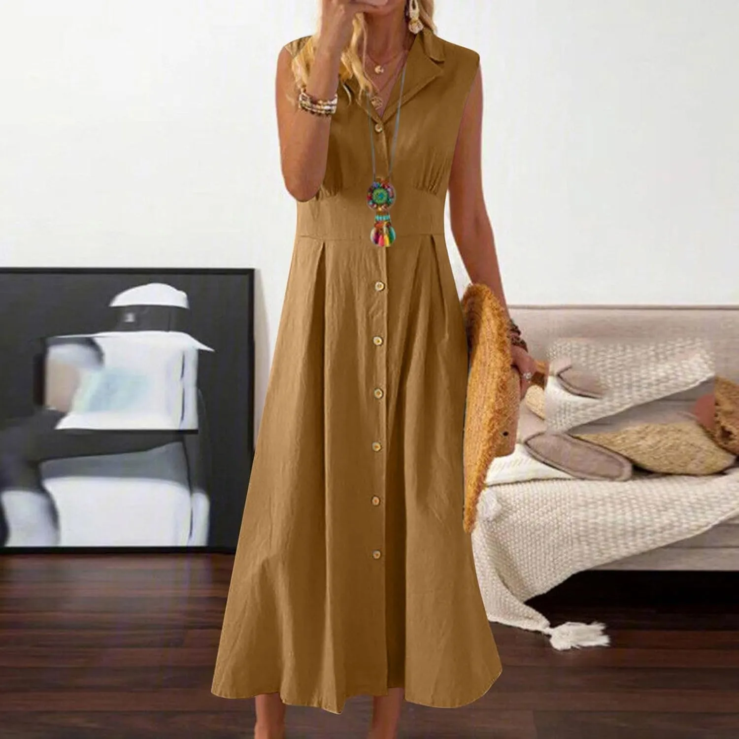 Sleeveless Dresses for Women Full Button Down Collared Cotton Linen Long Dresses Flowy Pleated Business Work Dress