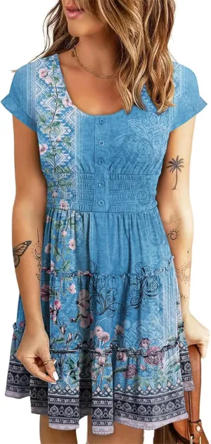 Soesdemo Womens Summer Dress Scoop Neck Short Sleeve Smocked Button Down Elastic Waist Ruffle Casual Swing Mini Sundress