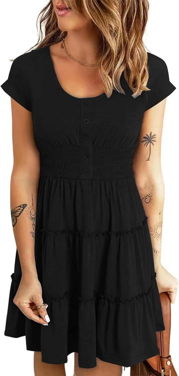 Soesdemo Womens Summer Dress Scoop Neck Short Sleeve Smocked Button Down Elastic Waist Ruffle Casual Swing Mini Sundress