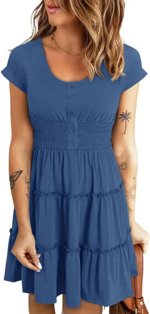 Soesdemo Womens Summer Dress Scoop Neck Short Sleeve Smocked Button Down Elastic Waist Ruffle Casual Swing Mini Sundress
