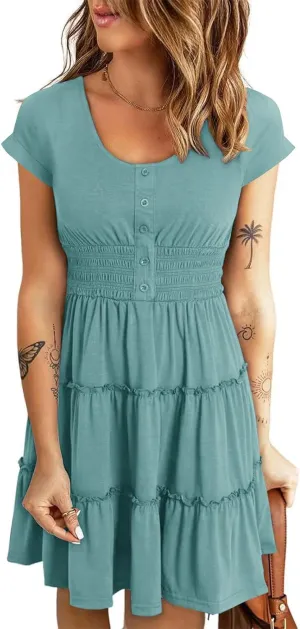 Soesdemo Womens Summer Dress Scoop Neck Short Sleeve Smocked Button Down Elastic Waist Ruffle Casual Swing Mini Sundress