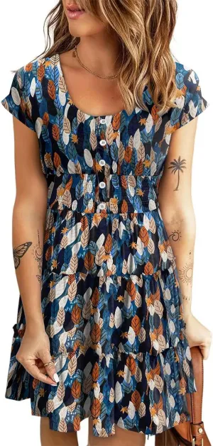 Soesdemo Womens Summer Dress Scoop Neck Short Sleeve Smocked Button Down Elastic Waist Ruffle Casual Swing Mini Sundress