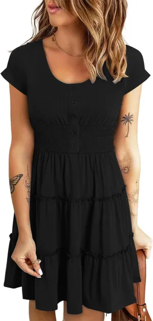 Soesdemo Womens Summer Dress Scoop Neck Short Sleeve Smocked Button Down Elastic Waist Ruffle Casual Swing Mini Sundress