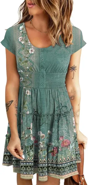 Soesdemo Womens Summer Dress Scoop Neck Short Sleeve Smocked Button Down Elastic Waist Ruffle Casual Swing Mini Sundress