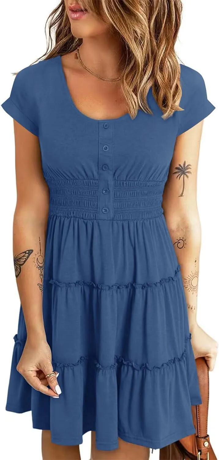 Soesdemo Womens Summer Dress Scoop Neck Short Sleeve Smocked Button Down Elastic Waist Ruffle Casual Swing Mini Sundress