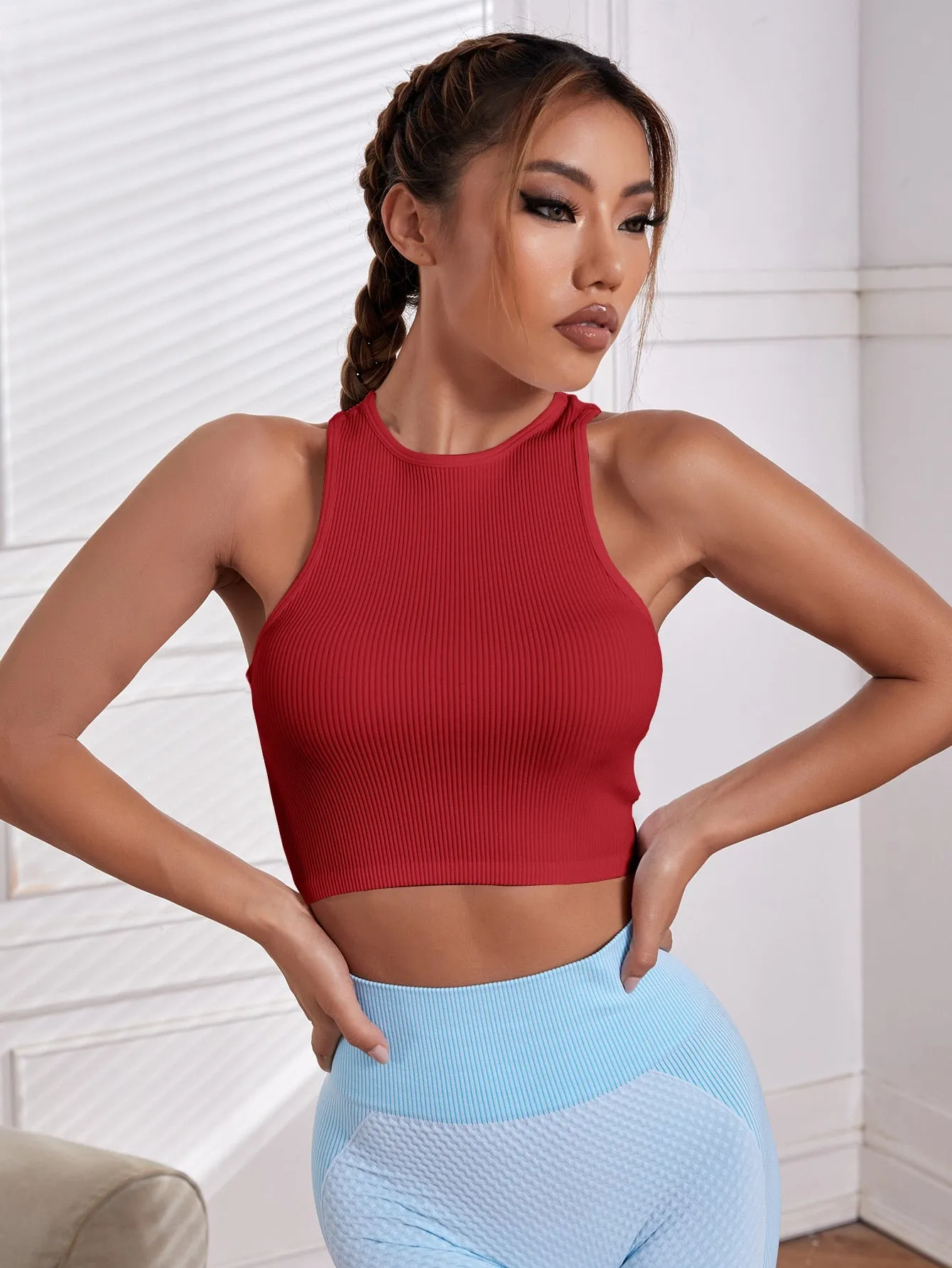Solid Racer Back Crop Active Tank Top ss22