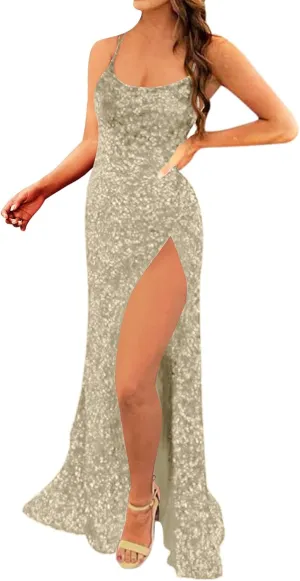 Spaghetti Straps Prom Dress with Slit Womens Dresses Long Evening Party Formal Gowns Sequin Prom Dresses