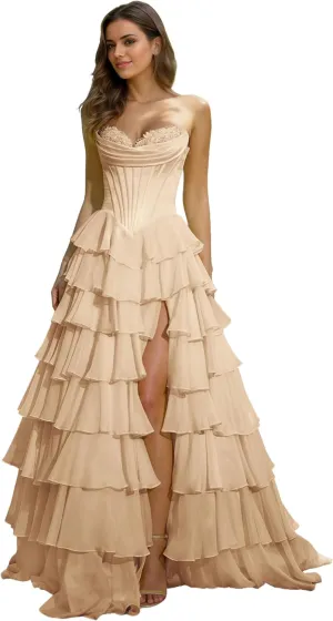 Strapless Corset Floral Prom Dresses for Women 2025 Long Tiered Ruffle Chiffon Formal Evening Gown with Slit EA033