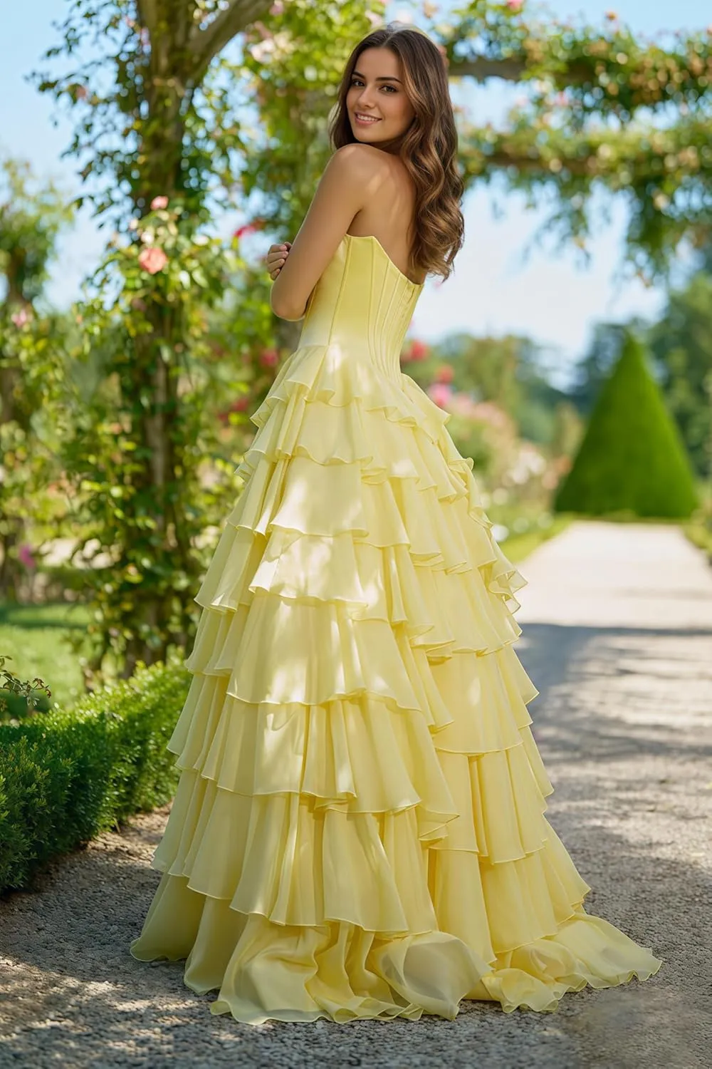 Strapless Corset Floral Prom Dresses for Women 2025 Long Tiered Ruffle Chiffon Formal Evening Gown with Slit EA033
