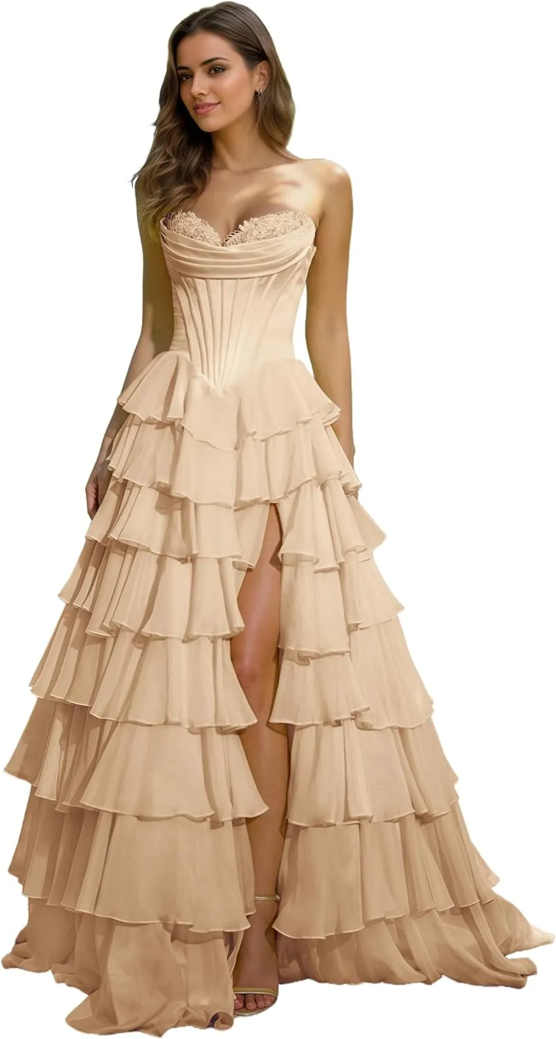 Strapless Corset Floral Prom Dresses for Women 2025 Long Tiered Ruffle Chiffon Formal Evening Gown with Slit EA033