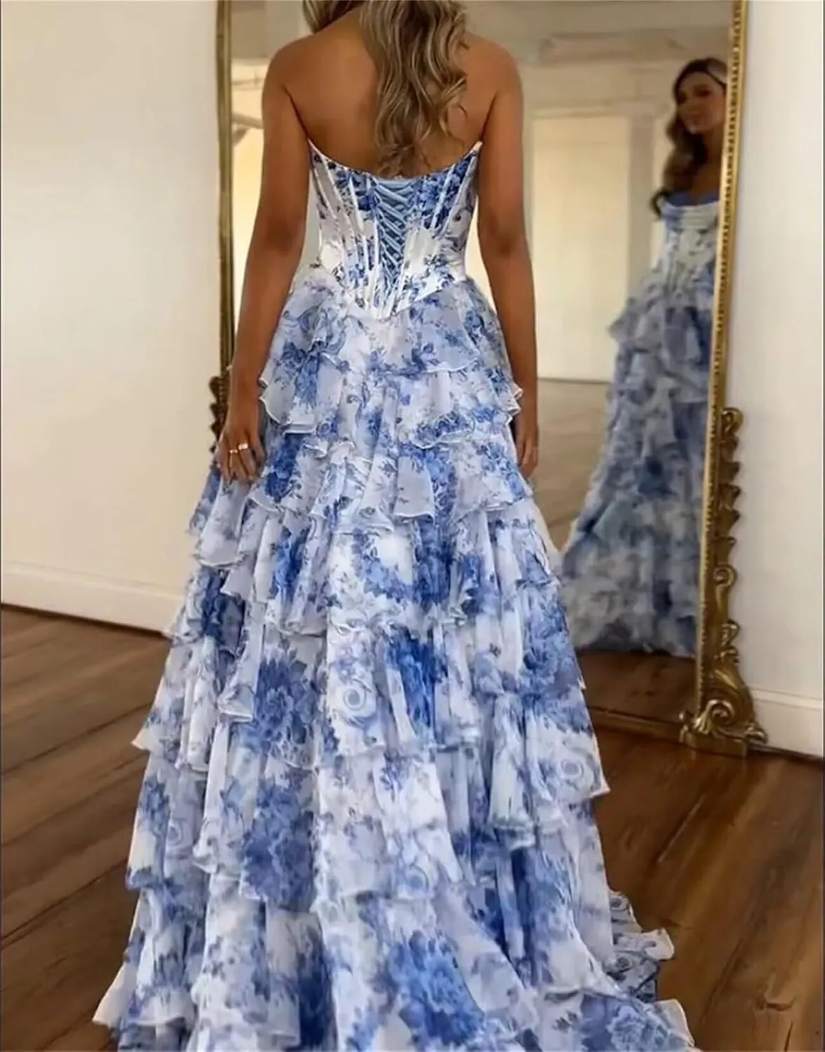 Strapless Corset Floral Prom Dresses for Women 2025 Long Tiered Ruffle Chiffon Formal Evening Gown with Slit EA033