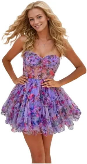 Strapless Floral Tulle Homecoming Dresses Ruffle Embellished Short Corset Top Prom Dresses