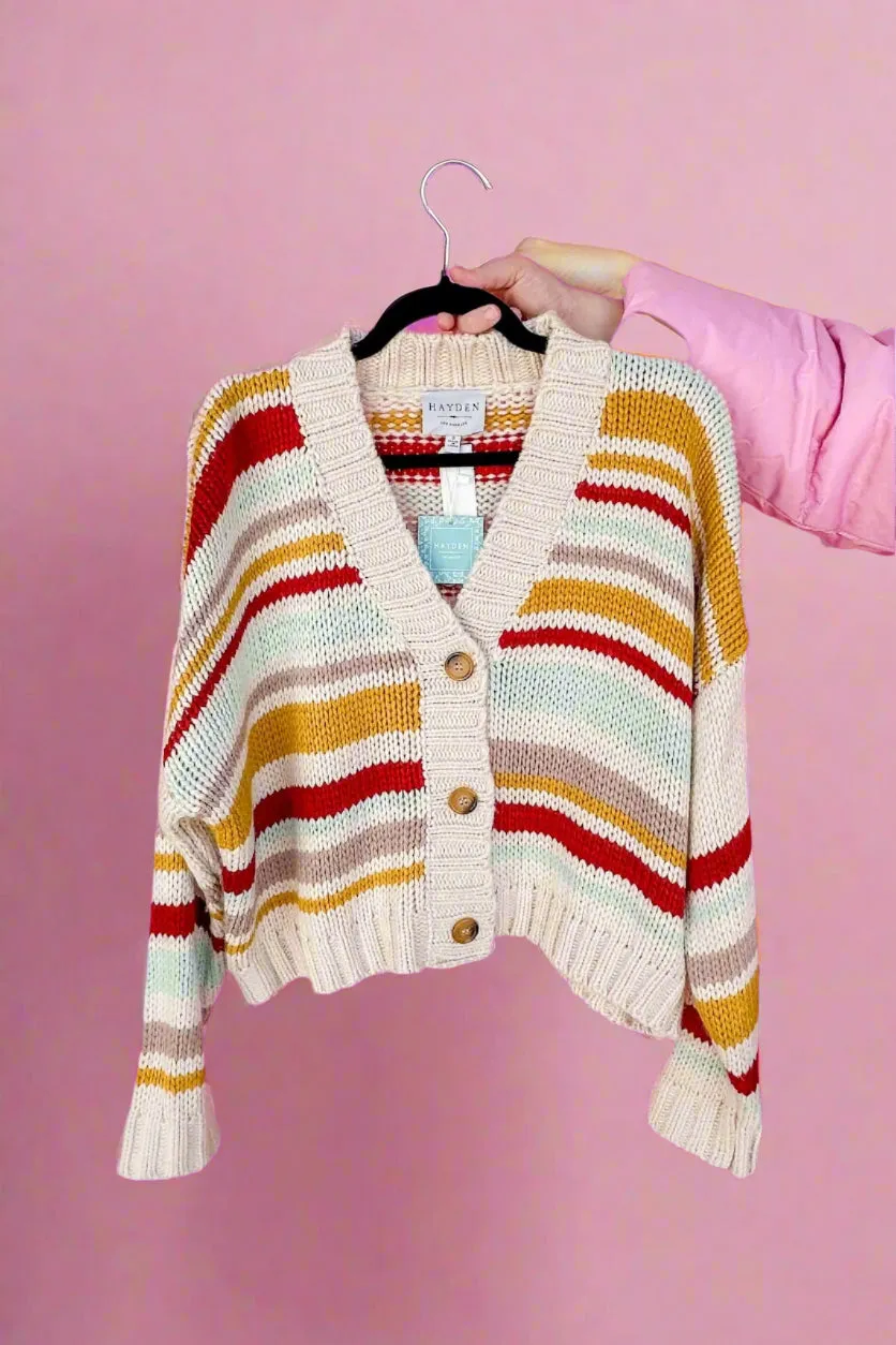 Striped Jewel Toned Button Down V Neck Sweater Cardigan
