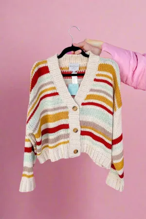 Striped Jewel Toned Button Down V Neck Sweater Cardigan