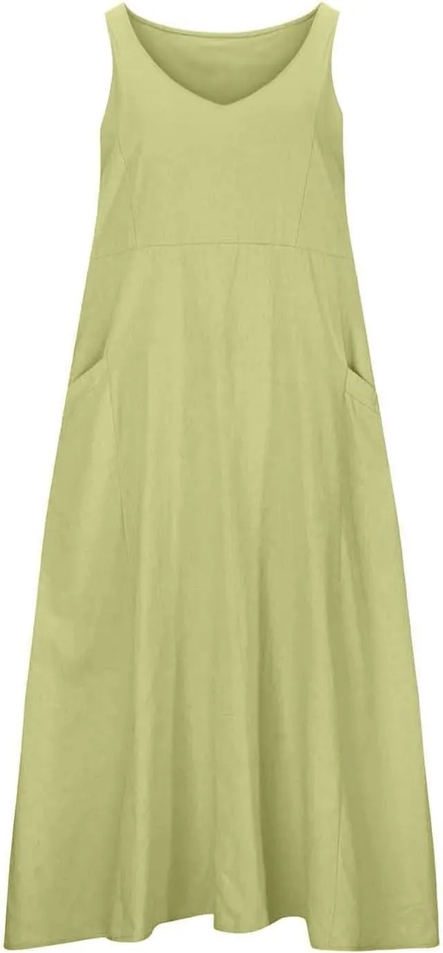 Summer Cotton Linen Long Dress for Women 2025 Sleeveless Boho Flowy Dresses Plus Size Loose Comfy Dress with Pockets