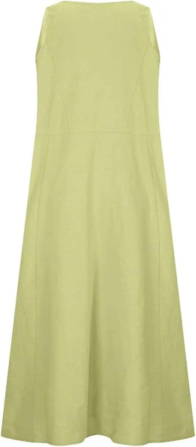 Summer Cotton Linen Long Dress for Women 2025 Sleeveless Boho Flowy Dresses Plus Size Loose Comfy Dress with Pockets