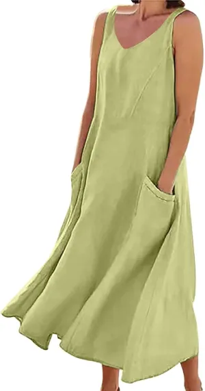 Summer Cotton Linen Long Dress for Women 2025 Sleeveless Boho Flowy Dresses Plus Size Loose Comfy Dress with Pockets